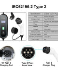 Heavy Duty Portable Ev Charger With Adjustable Sixteen Amps And Three Point Five Kw Output And Five Meter Cord showing specifications and Type 2 plugs.