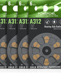 4 packs of 6 Zinc Air size A312 Hearing Aid Batteries with child resistant packaging for reliable audio performance.