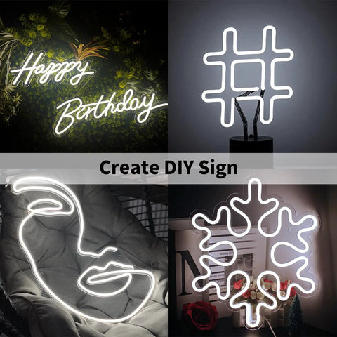 DIY signs created with 12V LED Strip Lights 16.4 Ft Dope Flexible Neon Rope Light White Waterproof Cuttable And Dimmable