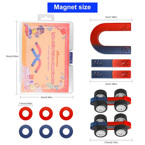 Magnetic Science Kit For Kids A Hands On Physics Lab with bar magnets, U-shape magnet, rings, and cars displayed beside package.
