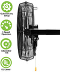 Heavy Duty 4300 CFM 18-Inch Industrial Wall Fan With 3 Speed High Velocity Mount, side view with setup and features icons