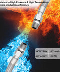 Beefy Heavy Duty Industrial Grade Compressor Jumper Hose Three Quarters Inch NPT Male By Twenty Inch Length With Rotating Ends For Flexible Air Piping Capable Of 750 Fahrenheit And 450 PSI, Durable Three Quarters Inch NPT Air Hose against flame and ice background.