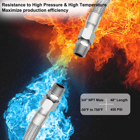 Beefy Heavy Duty Industrial Grade Compressor Jumper Hose Three Quarters Inch NPT Male By Twenty Inch Length With Rotating Ends For Flexible Air Piping Capable Of 750 Fahrenheit And 450 PSI, Durable Three Quarters Inch NPT Air Hose against flame and ice background.