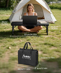 Woman using Three Foot Low Folding Picnic Table With Thick Aluminum Build, 10.3 Inch High, Lightweight Outdoor Table in front of tent