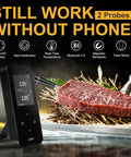 Wireless Bluetooth Meat Thermometer with Dual Ultra-Thin Probes, smart base and app alerts with beef steak on display