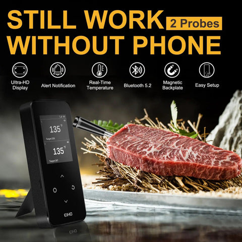 Wireless Bluetooth Meat Thermometer with Dual Ultra-Thin Probes, smart base and app alerts with beef steak on display