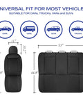 Diagram showing dimensions of Piping Luxury Faux Leather Car Seat Covers Waterproof Anti Slip Front Seat Protector Ergonomic All Day Comfort Universal Fit for 95 Percent Cars Vans Trucks SUVs Black Easy Install.