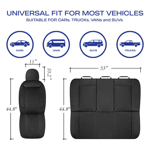Diagram showing dimensions of Piping Luxury Faux Leather Car Seat Covers Waterproof Anti Slip Front Seat Protector Ergonomic All Day Comfort Universal Fit for 95 Percent Cars Vans Trucks SUVs Black Easy Install.