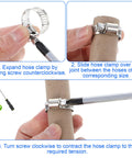 Installation process of Ultimate 120 Piece Stainless Steel Hose Clamp Kit For Auto Home And Garage Use, adjustable with screwdriver.