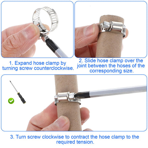 Installation process of Ultimate 120 Piece Stainless Steel Hose Clamp Kit For Auto Home And Garage Use, adjustable with screwdriver.