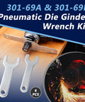 Six Pack 301-69A And 301-69B Pneumatic Die Grinder Wrench Tool Set with two wrenches and grinder in use.