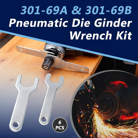 Six Pack 301-69A And 301-69B Pneumatic Die Grinder Wrench Tool Set with two wrenches and grinder in use.
