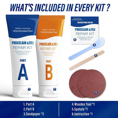 White Porcelain Repair Kit For High Gloss Sinks Tiles And Tubs Quick Chip Crack Hole Fix With Ultra Bond Strength Ceramic And Enamel Repair components and tools