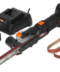 Cordless Detail File Sander With Variable Speed 1000 To 1600 FPM Auto Tracking Belt No Fuss Tool Free Belt Changes Pivot Up To 55 Degrees 20V Max 2Ah Battery And Charger Included For Quick Precise Finishing with battery, charger, and sanding belts