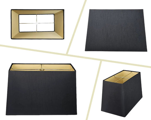 Rectangle Hardback Lamp Shade In Black With Gold Lining For That Luxe Glow 5x10 Top And 8x12 Bottom 9.5 Inch Slant Height Premium Linen Or Silk Type Shantung Fabric With Off White Lining Standard Spider Fit