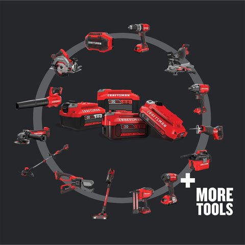 Assorted power tools and accessories encircled, highlighting V20 Cordless 4-1/2 Inch Angle Grinder Bare Tool with Brushless Motor.
