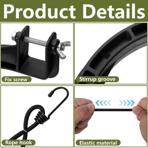 Elastic Rope Climb Stirrup Set for 1 Inch Square Tube showing fix screw, stirrup groove, rope hook, and elastic material detail.