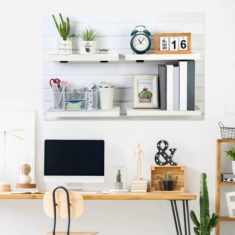 4 Pack Wooden Slatwall Shelves With 8 Metal Hooks Built To Last And Garage Ready For Quick Setup, mounted with decor items