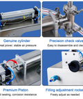 Dead Simple Automatic Pneumatic Bottle Filler With Stainless Steel Nozzle showing genuine cylinder, precision valve, and piston components.