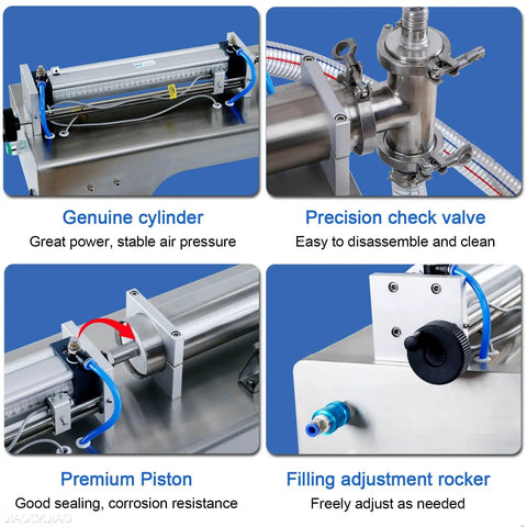 Dead Simple Automatic Pneumatic Bottle Filler With Stainless Steel Nozzle showing genuine cylinder, precision valve, and piston components.