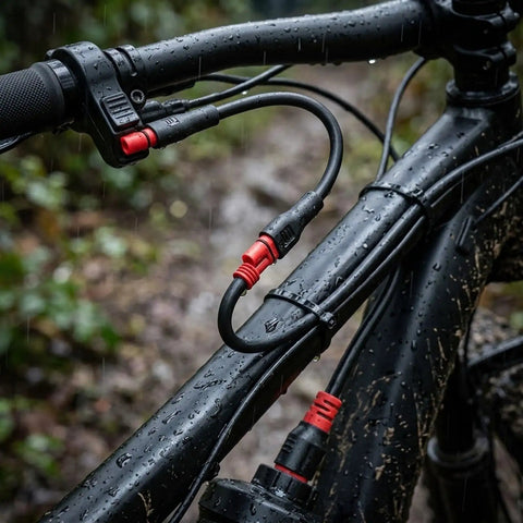 Heavy Duty 2 Pin E Bike Extension Cable That Is Totally Waterproof With IP65 Rating To Handle Rain Storms Plus Flexible ABS Build For Super Easy Install And Smooth Signal Power Transmission On Your Ride, 660mm cable on wet bike frame