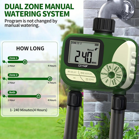 Dual Zone Hose Timer For Lawn And Garden, Smart Programmable Irrigation Controller With Rain Delay on outdoor faucet