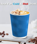 12 Oz Insulated Paper Cups With Ripple Wall For Hot Or Cold Beverages, 50 Count Blue Disposable Cups shown with coffee and ice cubes