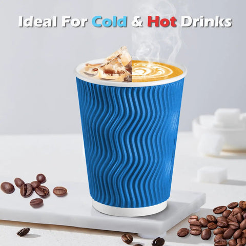 12 Oz Insulated Paper Cups With Ripple Wall For Hot Or Cold Beverages, 50 Count Blue Disposable Cups shown with coffee and ice cubes