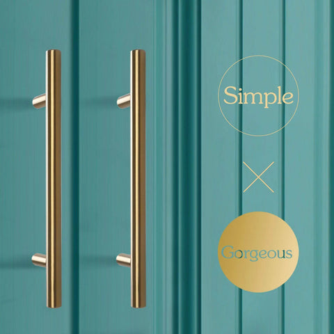 Two gold T shaped bar cabinet pulls on teal door, 6 Inch T Shaped Bar Cabinet Pulls 8 Pack Stainless Steel Handles With 96mm Hole Center.
