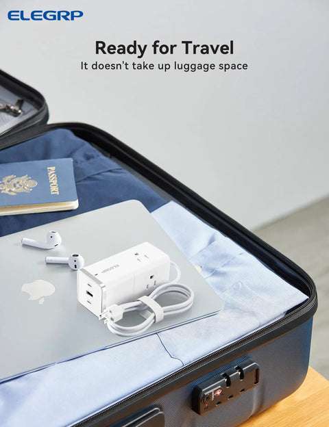 Six In One Power Strip With Surge Protection Three AC Outlets Two USB C Ports 65W Fast Charging And One USB A 18W in suitcase