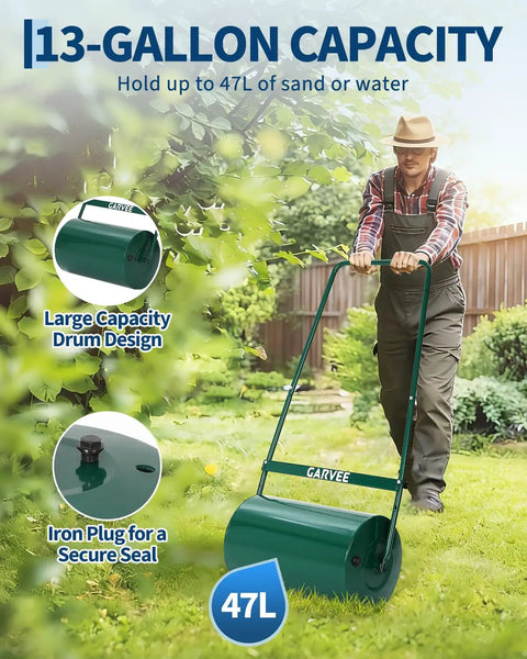 Heavy Duty 23 Inch Lawn Roller For Push Or Tow Behind Use Steel Sod Roller With U Shaped Handle 13 Gallon Water Or Sand Fill