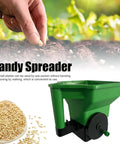 Handheld Lawn Spreader For Grass Seed And Fertilizer No Clog Easy Grip Portable Hand Powered Spreader shown with garden and seeds