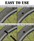 Self Service Tire Plug Kit With Screw Type Plugs And Compact Screwdriver, instruction steps for tire repair on a bike tire