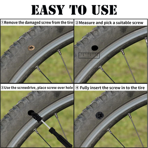 Self Service Tire Plug Kit With Screw Type Plugs And Compact Screwdriver, instruction steps for tire repair on a bike tire