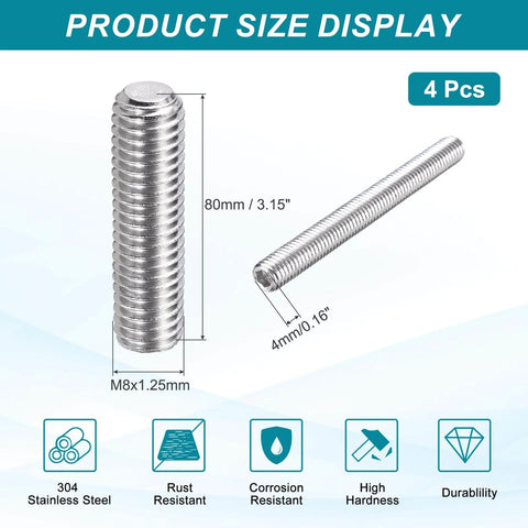 Product size display of Stainless Steel M8-1.25 x 80mm Grub Screws Cup Point Allen Head With Internal Hex Socket Drive, 304 Grade