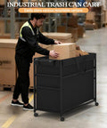 No Fuss Roll Around Trash Cart, 51.5 Gallon Commercial Waste Bin With Twin Lockable Wheels filled with boxes.