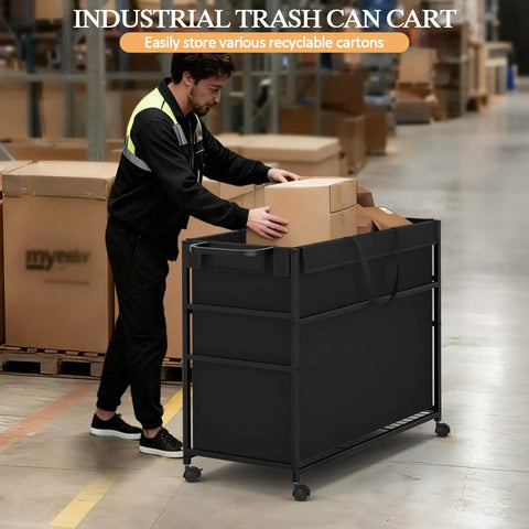No Fuss Roll Around Trash Cart, 51.5 Gallon Commercial Waste Bin With Twin Lockable Wheels filled with boxes.