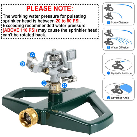 Heavy Duty Impact Pulsating Sprinkler For Yard All Metal Adjustable Rotating Impulse Lawn Sprinkler With Beefy Zinc Alloy Build