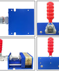 No Fuss Drill Free Golf Club Vise With Heavy Duty Aluminum Shaft Clamp showing blue body and red handle for grip swaps.