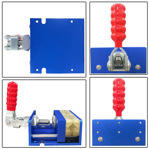 No Fuss Drill Free Golf Club Vise With Heavy Duty Aluminum Shaft Clamp showing blue body and red handle for grip swaps.