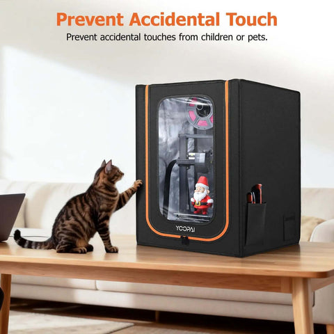 Lit LED Lighted 3D Printer Enclosure with Fireproof Dustproof Tent and Temperature Control for Ender 3, cat reaching without contact.