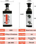Go-To Three Way Two Position Hand Pull Pneumatic Valve, 1/4 NPT, 3.46-inch size, manual control for air lines, front and side view