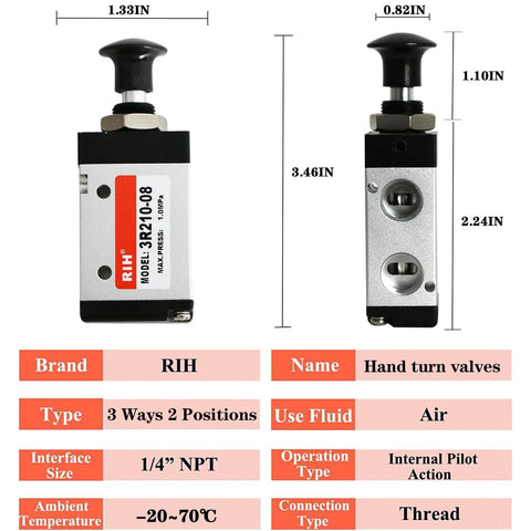 Go-To Three Way Two Position Hand Pull Pneumatic Valve, 1/4 NPT, 3.46-inch size, manual control for air lines, front and side view