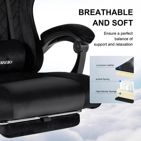 Gaming Chair With Pocket Spring Cushion Extendable Footrest Swivel Recliner And Headrest Breathable Soft Flannel Fabric For All Day Comfy Sitting Ergonomic Lumbar Support Great For Home Office And Gaming Setup Black armrest and fabric close-up