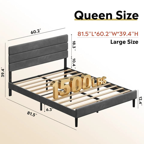 Queen Velvet Upholstered Bed Frame With Tufted Headboard And Reinforced Wood Slats Heavy Duty 1500 Lbs Support dimensions and slats