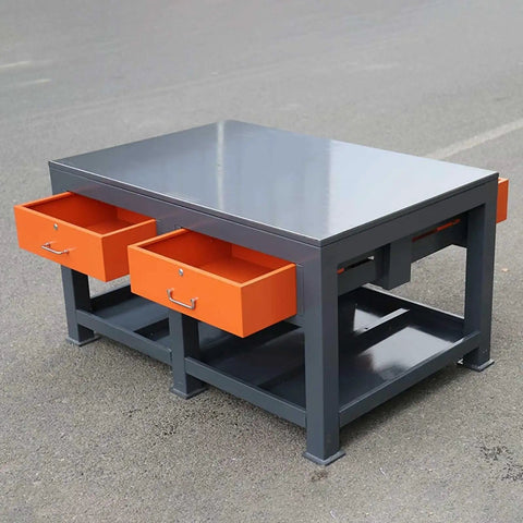 Heavy Duty All Steel Workbench With Two Lockable Drawers And Open Shelves, grey and orange design, ideal for garage tasks.