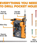 Mini Pocket Hole Jig Kit Auto Adjusting Portable System For Woodworking Pro Grade Self Calibrating Precision With Calipers And Stop Collar For Angled Holes And Strong Joints Complete Pocket Screw Jig Tool Set displayed with drill bits and screws