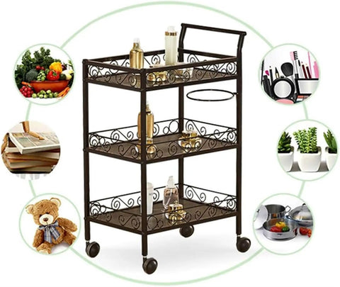 Three Tier Rolling Utility Cart With Smooth As Silk Casters And Reinforced Side Handles for storage in kitchens, salons, and craft areas.