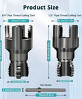 Get That Pipe Threaded Right Upgraded 2-Piece Set Cutter Kit showing 3/4" and 1/2" pipe thread cutting tools with sizes and measurements.