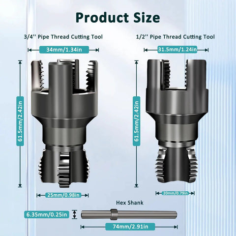 Get That Pipe Threaded Right Upgraded 2-Piece Set Cutter Kit showing 3/4" and 1/2" pipe thread cutting tools with sizes and measurements.